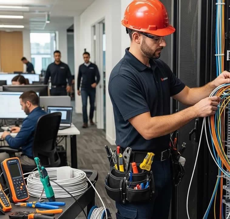 Professional IT technician team deploying server infrastructure
