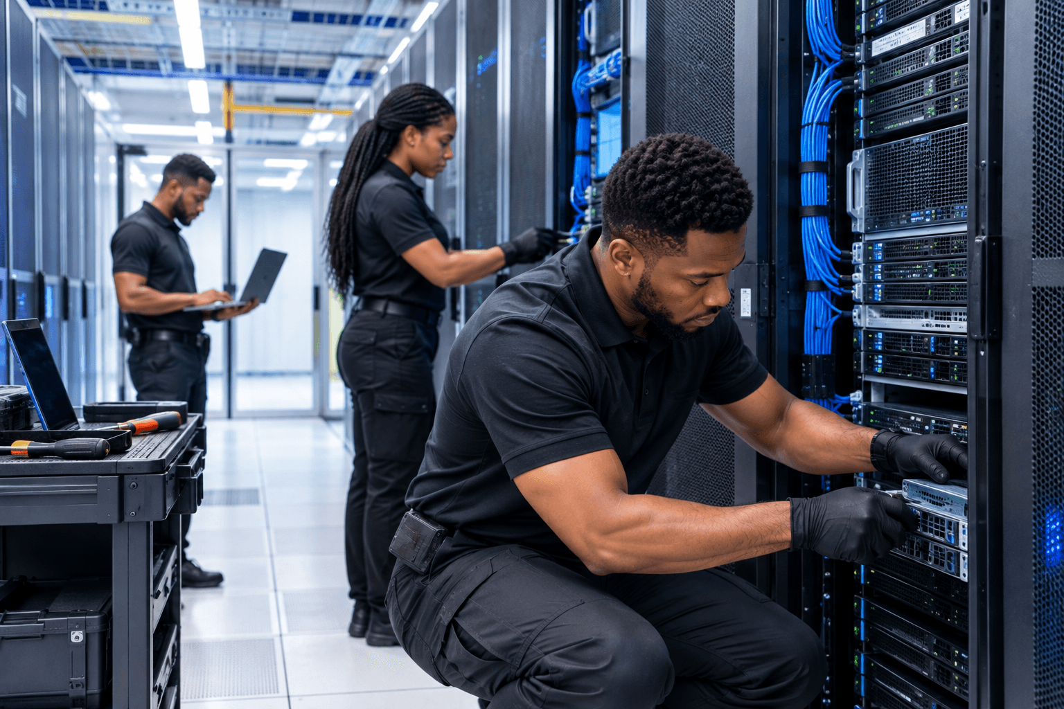 Engineers auditing and upgrading server room cabling and systems
